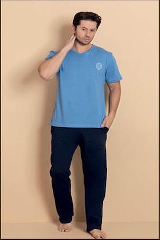 Pijamerry Erkek Bisiklet Yaka Kısa Kol Penye Pijama Takımı 6381 - 1 Adet Mavi