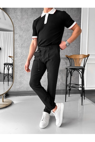 Modefendi Yüksek Kalite Desenli Polo Yaka Tshirt Siyah
