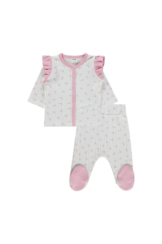 Civil Baby Çiçek Empirme Fırfırlı 1-9 Ay Pijama Takımı - Ekru