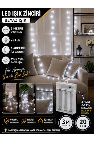 Kablolu Led Işık Zinciri Beyaz Dekoratif Led Aydınlatma Oda Duvar Yatak Odası Parti Yılbaşı Süsü 3 Metre 20 Led