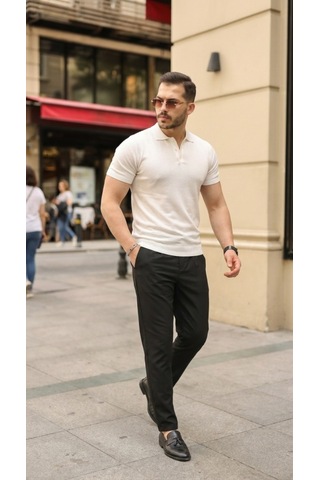 Veraura Lifestyle Erkek Düğmeli Yaka Pamuk Triko Tişört Beyaz