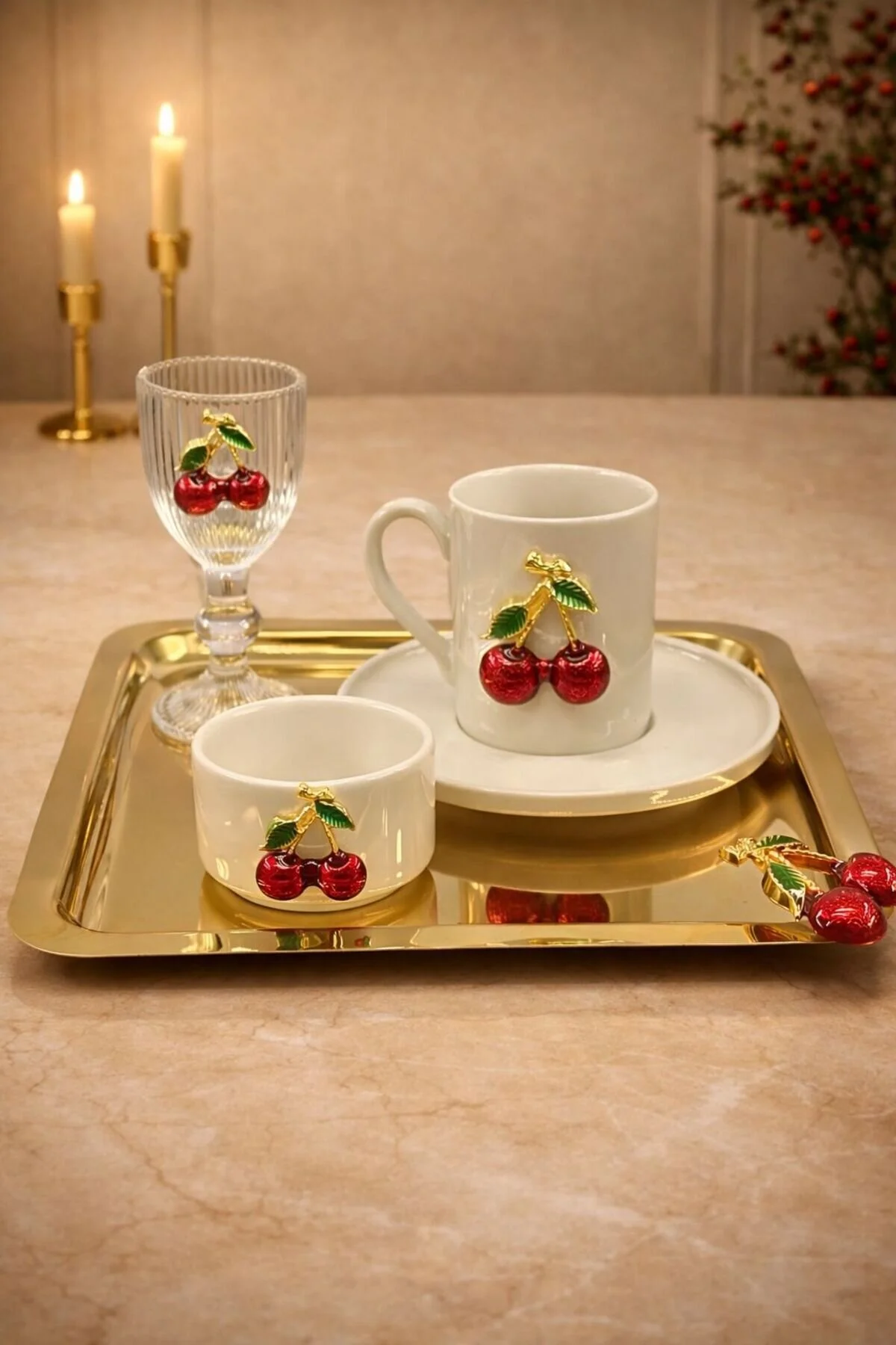 2 Kişilik Gold Metal Kare Kirazlı Kiraz Sunum Servis Tepsisi Tepsi 22cm Altın - Gold