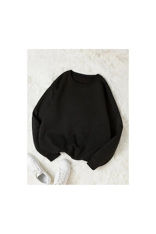 Swoord Bisiklet Yaka Unisex Oversize Sweatshirt 3 Iplik Şardonlu Pamuklu Baskısız Siyah