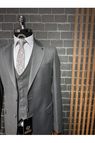 Dupont Classics Dupont Erkek Slim Fit 6 Drop Filafil Viskon Sivri Yaka Çift Yırtmaç Yelekli Takım Elbise Gri