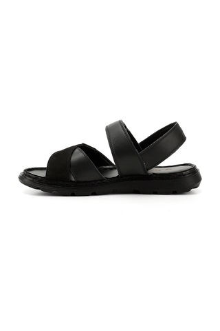 Gönderi R Siyah Cırtlı Çapraz Bantlı Hakiki Deri Sandalet Siyah