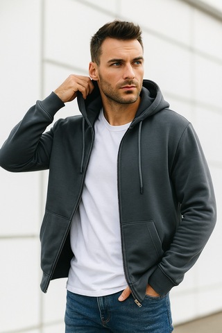 Rich Erkek Füme Kapüşonlu Kanguru Cepli Fermuarlı Sweatshirt Füme