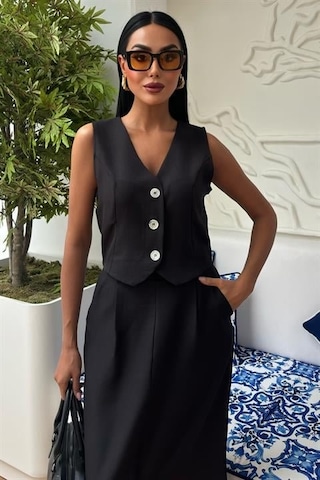 Moderie Butik Etek Yırtmaçlı Yelekli Keten Takım 10131 Si Yah