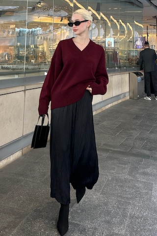 Madmext Koyu Bordo V Yaka Oversize Kadın Triko Kazak Mg2149 Koyu Bordo