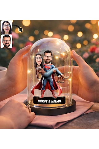 Bk Gift Kişiye Özel Süpermen Çift Tasarımlı Karikatür Led Işıklı Cam Fanus Biblo -1, Romantik Hediye, Ev Hediyesi, Sevgiliye Hediye Kobitmeyencom36855