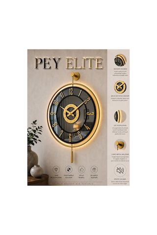 Pey Aksesuar Metal Aynalı Duvar Saati Işıklı Gerçek Cam Duvar Saati Modern Tasarım 40 X60 Cm Gold-füme-siyah