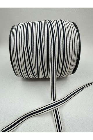 1.5 Cm Polyester Çizgili Şerit-5 Metre- Ekru/lacivert