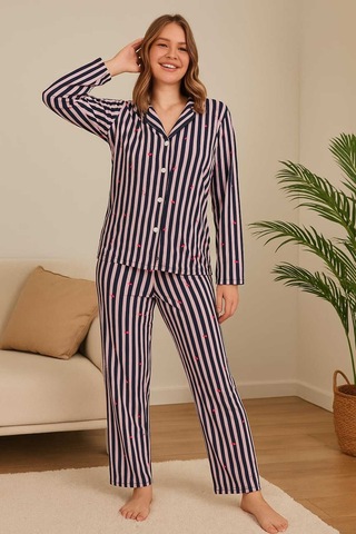 Tenra Kadın Pijama Takımı Boydan Düğmeli Süet Kalp Desenli Çok Renkli