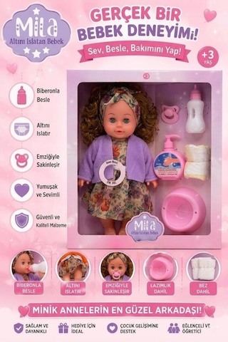 Mila Altını Islatan Bebek Seti 30 Cm Aksesuarlı Kolları Ve Kafası Et Oyuncak Bebek Mor