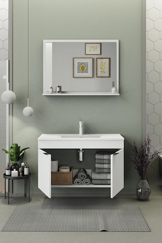 Biani Fix Arya 100 Cm Banyo Dolabı,Seramik Lavabolu, Aynalı,Lavabo Dahil,Mdf,Mat Beyaz