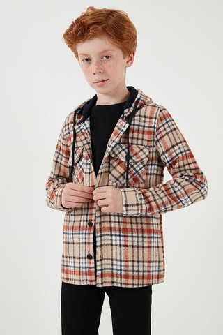 Lela Kapüşonlu Çift Cepli Ekoseli Kışlık Oduncu Erkek Çocuk Gömlek Cf24W81778 Bej-Taba