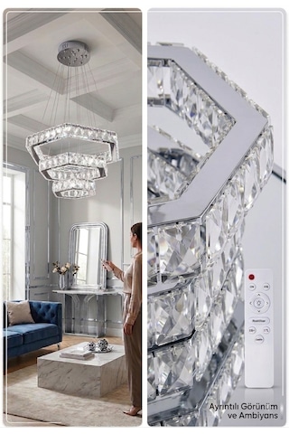 Alalighting Krom 3 Katlı Altıgen Ledli Kristal Taşlı Lüks Avize