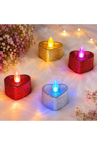 144 Adet Yüksek Kalite Simli Kalpli Renkli Led Işıklı Mum Kırmızı Gümüş Gold Kalpli Tea Light Mum