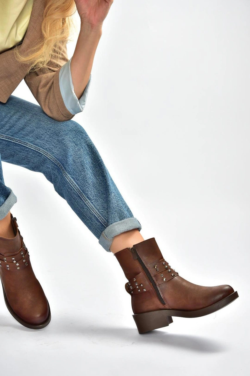Fox Shoes V674121209 Taba Alçak Topuklu Fermuarlı Kadın Bot Taba-Suni Deri