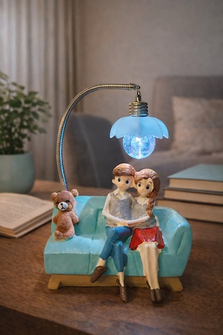Romantik Çift Figürlü Işıklı Biblo Genç & Yatak Odası Dekoru - Sevgiliye Hediye, 18 Cm Mavi
