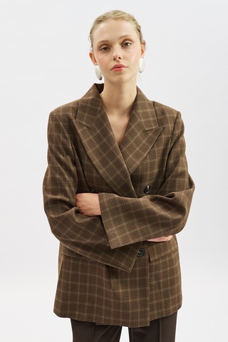 Manuka Kruvaze Ekose Blazer Ceket Kahverengi Aw25ckt00017-122 Kahverengi