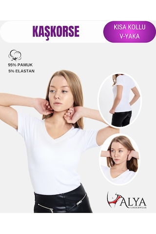 Alya Underwear V Yaka Kaşkorse Kumaşlı Kısa Kollu Bluz, Esnek Ve Pamuklu Kumaş Badi, Bej Kemik Body Beyaz
