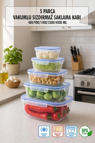 Dikdörtgen 5 Parça Contalı Vakumlu Sızdırmaz Hava Almaz Saklama Kabı Seti 4000/2300/1400/900/400 Ml ŞEFFAF