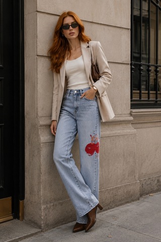 Cedy Denim Cedy Denım Kadın Yüksek Bel Straight Fit Kiraz Baskılı Buz Mavi Jean Pantolon E7007 Buz Mavisi