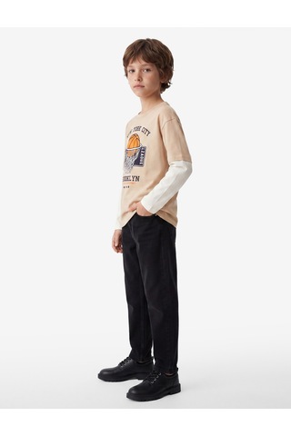 Koton Pamuklu Kontrast Reglan Kollu Bisiklet Yaka Uzun Kollu Baskılı Tişört Bej 7wkb10399tk Ekru