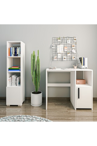 Kuzey Çalışma Masası Ve Kitaplık Set Beyaz