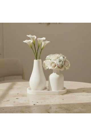 3lü Modern Vazo Ve Pampas Vazosu Seti Premium Set Beyaz