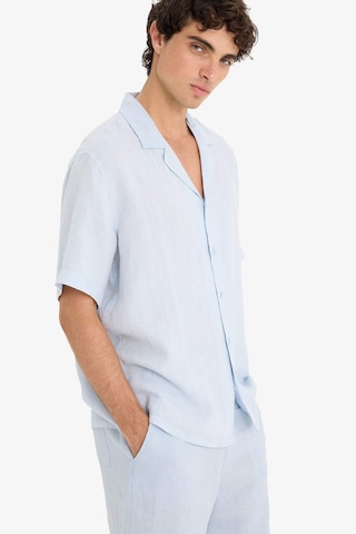 Defacto %100 Keten Relax Fit Apaş Yaka Kısa Kollu Gömlek F4597ax25hsbe771 Mavi