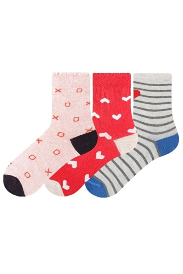Veraye Socks 3'lü Kız Çocuk Çorabı Pembe-kırmızı-gri