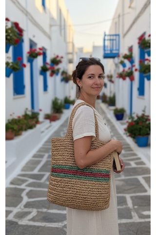 Artepieza Handmade Doğal Renk Rafya Omuz Çantası 42x40 Cm-rafya Jüt Dokulu Omuz Askılı Çizgili Hasır Çanta Bej - Kahverengi