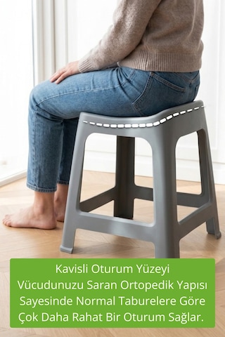İronika 6'lı Plastik Kavisli İstiflenebilen Ortopedik Rahat Tabure - Gri