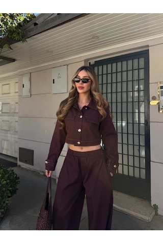 Laluvia Mürdüm Kot Crop Ceket Pantolon Takım - 51244 Mürdüm