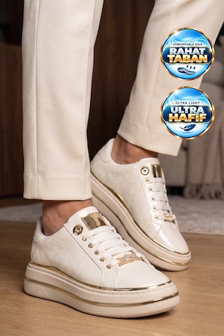 Ayakmod Beyaz Cilt Kalın Rahat Tabanlı Bağcıklı Kadın Casual Yürüyüş Ayakkabı Sneaker 431173