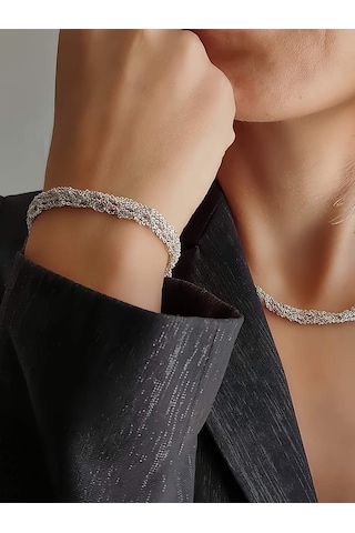 Zırh Örgü Model Çelik Zincir Dokuma Kolye Bileklik Set Gümüş