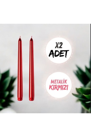 Denic 2 li Metalik Kırmızı Şamdan Mum Konik Mum