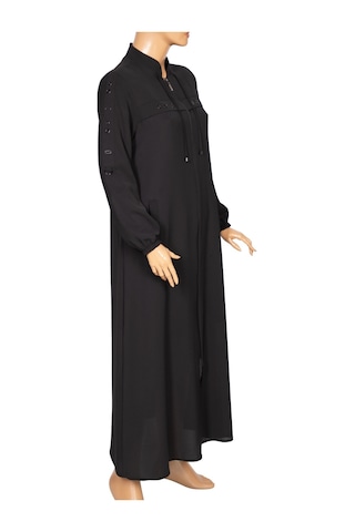 Hesna Kadın Selvi Dokuma Krep Kuş Gözü Aksesuarlı Siyah Ferace 001