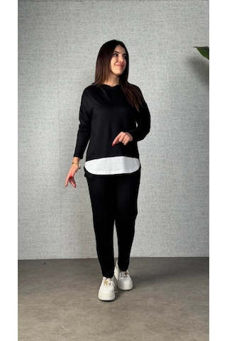 S-pazarım Kadın Uzun Kollu Kapşonlu Bağcıklı Viskon Iki Iplik Bluz Ve Pantolon Ikili Takım Siyah