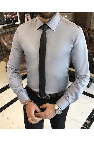 İtalyan Stil Slim Fit Saten Pamuk Erkek Kravat Yaka Gömlek Gri T9428-gri Gri