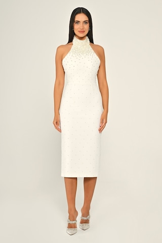 Halter Yaka Boncuklu Krep Midi Abiye Elbise Alfa Beta B7028 Beyaz