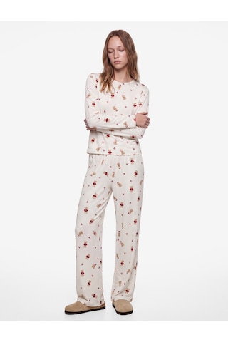 Koton Rahat Kesim Uzun Kollu Bisiklet Yaka Ayıcık Baskılı Pijama Takımı Ekru Desenli 7wlk40321mk