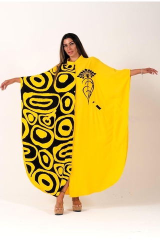 Kadın Sarı Sıfır Yaka Desen Garnili Nakışlı Cepli Oversize Uzun Elbise - Sarı