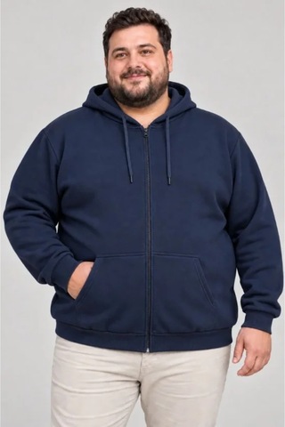 Butik İstanbul Erkek Battal Büyük Beden Üç İplik İçi Şardonlu Kapüşonlu Tam Fermuarlı Kışlık Sweatshirt - Lacivert