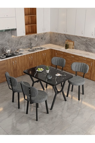 Azra 70x110cm Bendir Mutfak Masası, Mutfak Masası Takımı, Yemek Masası, 4 Koyu Gri Sandalye Koyu Gri