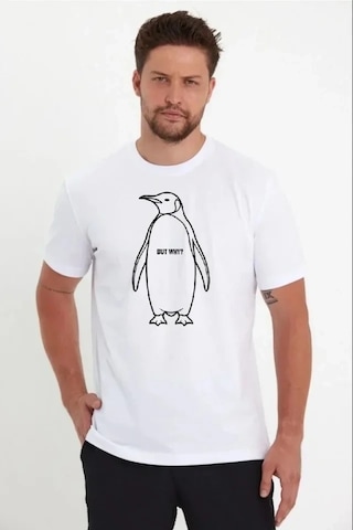 Vexor Erkek Nihilist Penguen Özel Tasarım Oversize Bisiklet Yaka Tişört - Beyaz
