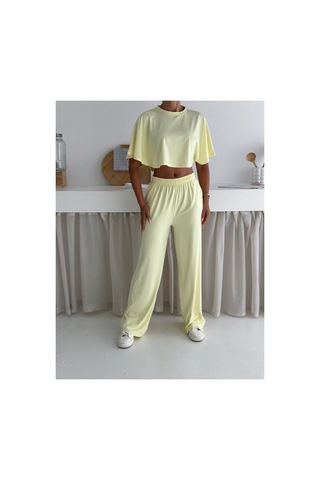 Gugus Yazlık Takım - Alt Üst Kadın Dokulu Kumaş -baggy Pantolon + Salaş Üst Sarı