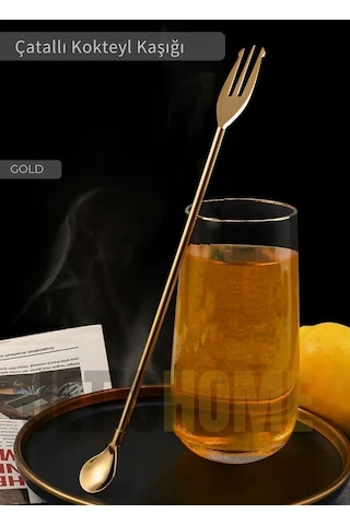 Gold Kokteyl Kaşığı Çift Başlıklı Paslanmaz Barista Kaşığı Çatallı Barmen Kaşığı Çelik 30 Cm Gold