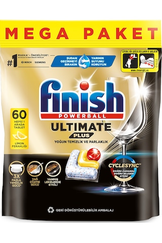 Finish Ultimate Plus Hepsi Bir Arada Limon Bulaşık Makinesi Deterjanı Tableti 60 Kapsül